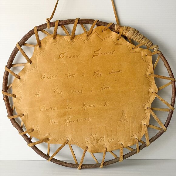 Leather Hide Wall Hanging Great Spirit Prayer Empathy Quote Rustic Branch Framed - Picture 1 of 11